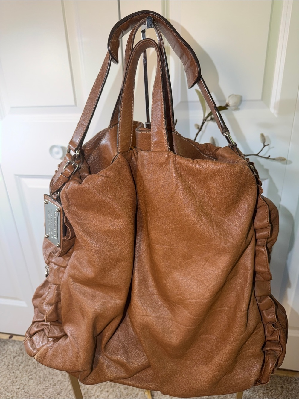 Dolce & Gabbana Cognac Brown Leather Ruffle large Tote